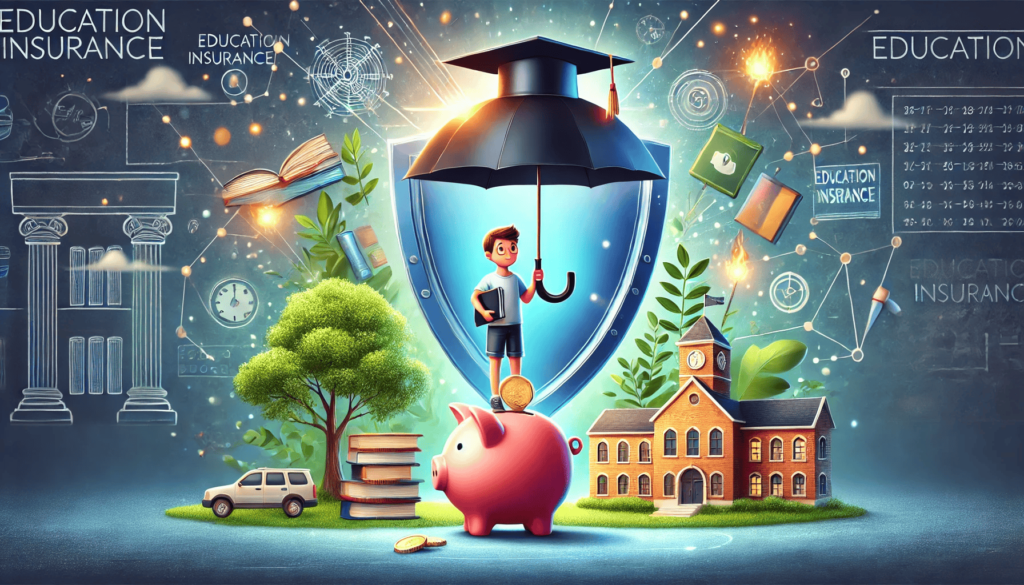 DALL·E 2024 12 06 16.20.20 A professional and creative illustration symbolizing education insurance. The scene features a child holding books and standing next to a piggy bank