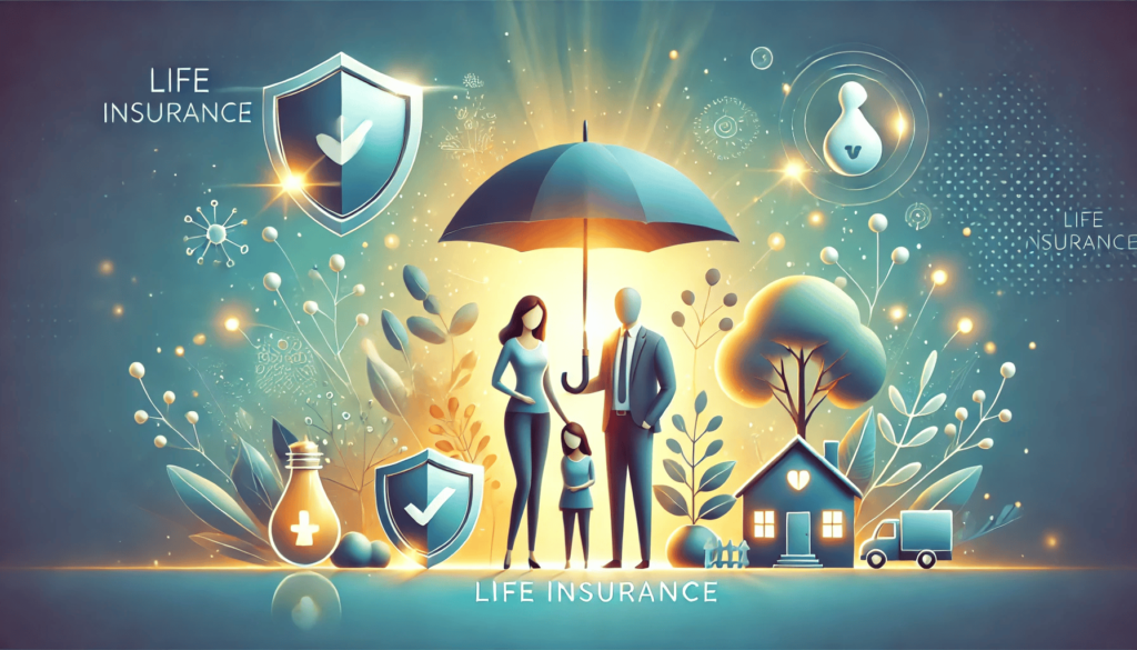 DALL·E 2024 12 06 16.28.21 A professional and serene illustration symbolizing life insurance. The scene features a family standing together under a protective glowing umbrella