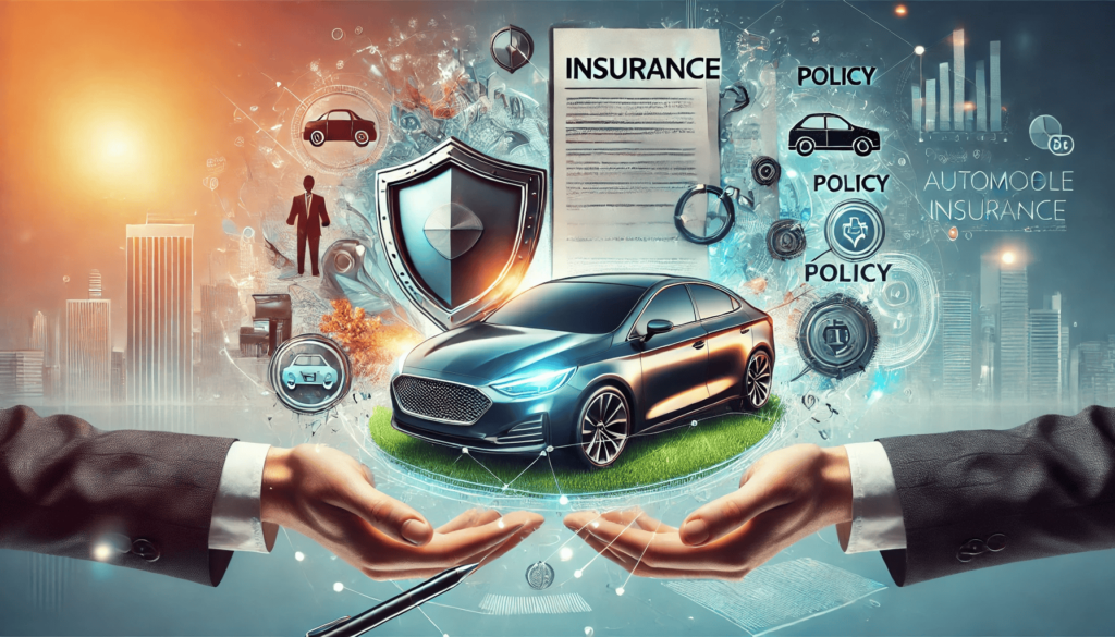 DALL·E 2024 12 07 12.50.26 A conceptual illustration depicting automobile insurance showing a sleek modern car surrounded by protective elements like a shield policy documents