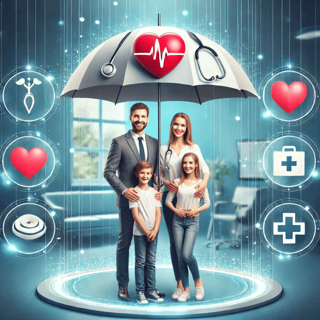 DALL·E 2024 12 08 20.16.49 A digital illustration representing the concept of the best health insurance plans for families. The image features a smiling family of four—parents a